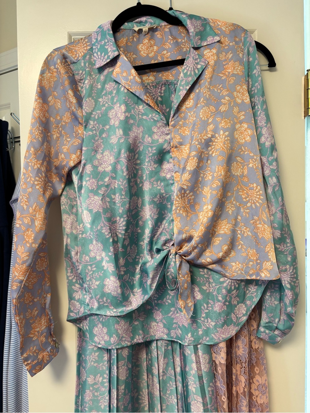 Mystree Two-Tone Floral Pleated Maxi Skirt in Teal and Peach